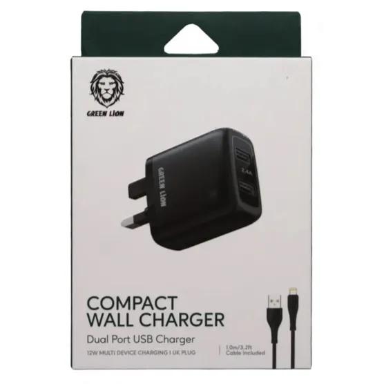 Green Lion Compact Wall Charger Dual Port Usb. 1m Usb To Lightning Cable Black