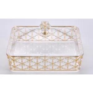 02-1061 Vague Clear & Gold Square Acrylic Candy Box 27.2 x 27.2 cm Daisy Pattern