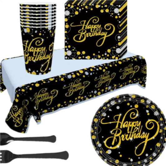 Golden Black Dots Happy Birthday Party Set