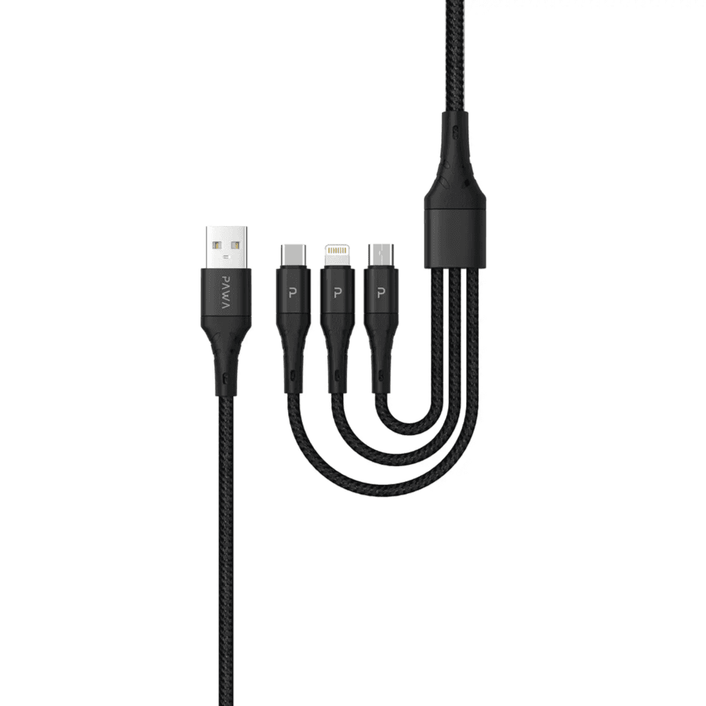 Pawa Braided 2.4a  3 In 1 Cable 1.2m - Black