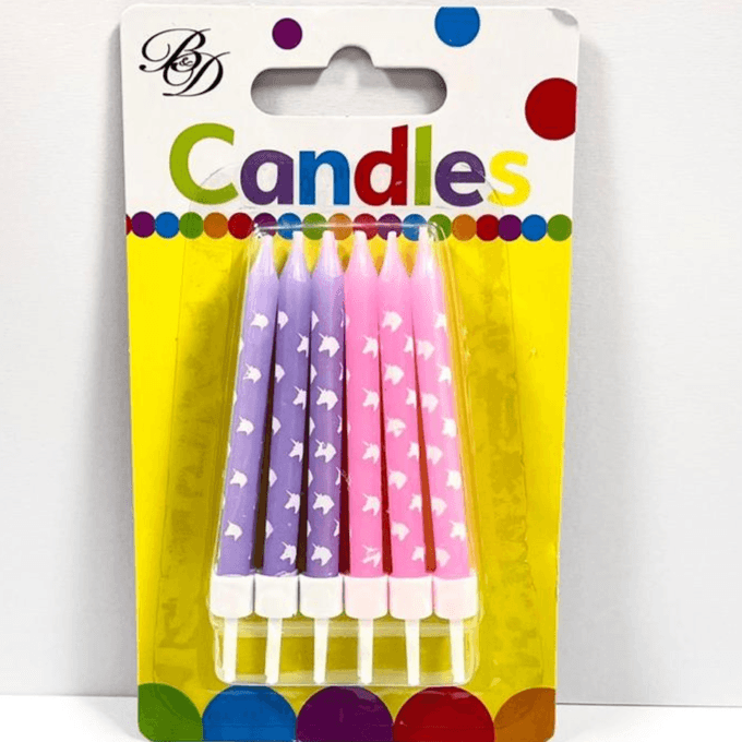 Purple And Pink Candle With Unicorn Design