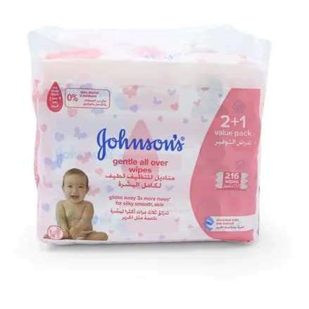 Johnsons Gentle All Over Baby Wipes 216s 2+1free