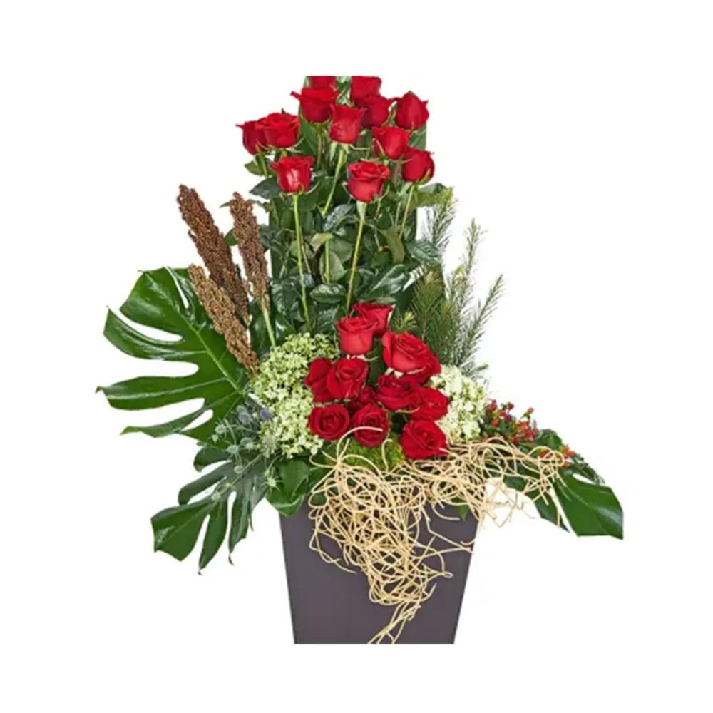 Arrangement 1: Red Roses And Greeneries In Black Vase