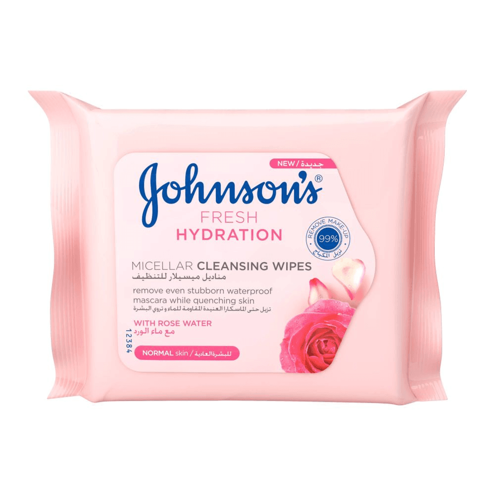 Johnsons Fresh Hydration Micellar Cleansing Wipes With Rose Water For Normal Skin 25 Wipes