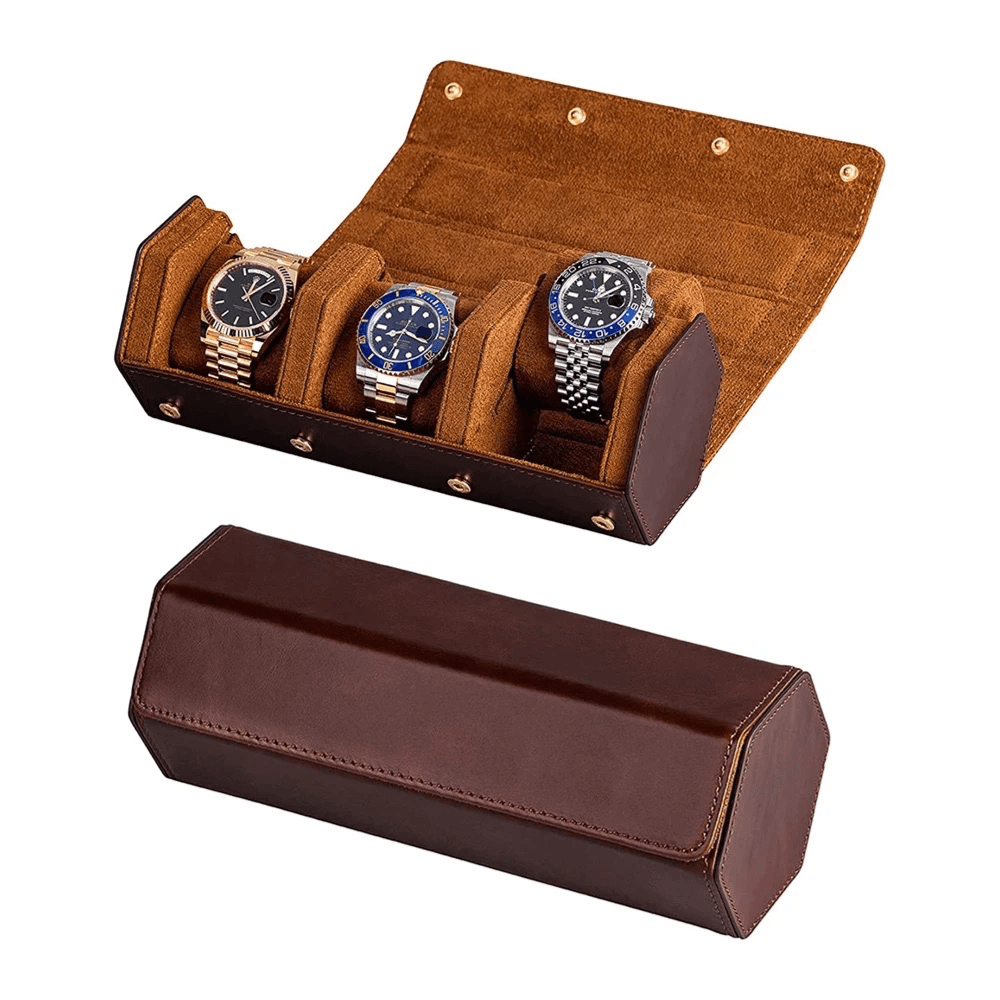 Travel Watch Roll Case 3 Slots Hexagonal Brown Color