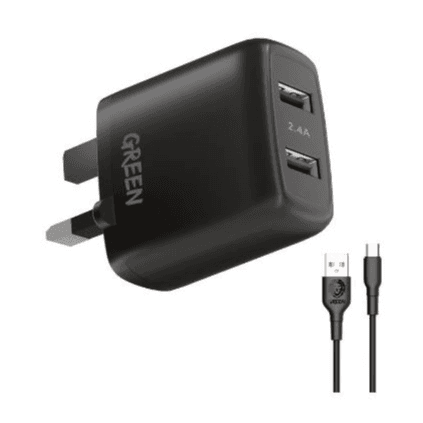 Green Lion Charger Dual USB Port Wall Charger 12W UK with PVC Type-C Cable - Black