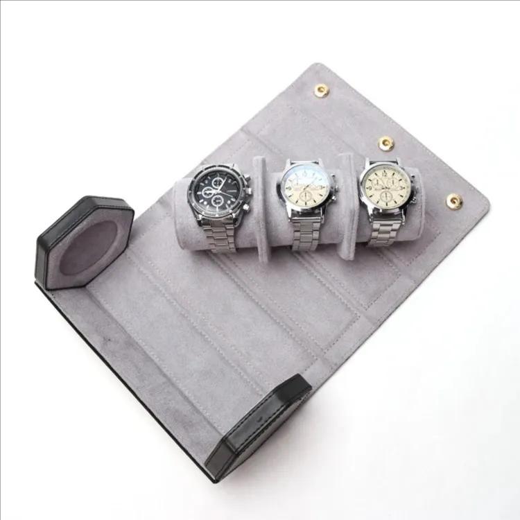 Travel Watch Roll Case 3 Slots Hexagonal Black Color