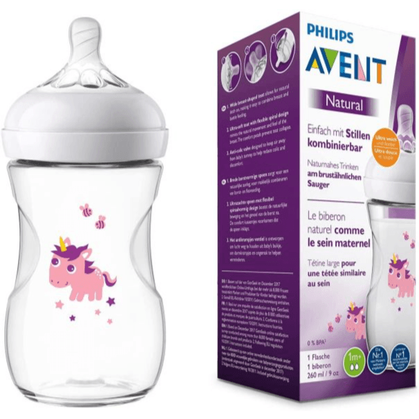 Avent Natural Plastic Nursing Bottle With Wide Breast-shaped Teat For Natural Latch On Decorated With Unicorn 1+ Months 260ml  Code:scf070/25