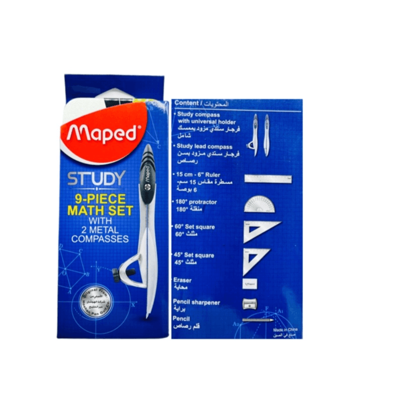 Maped Study 9 Piece Math Set With 2 Metal Compasses - 11706