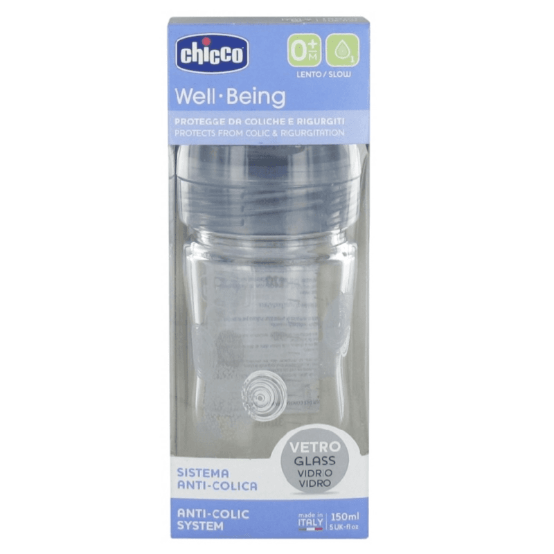 Chicco Well Being Glass Feeding Bottle 150ml 0 M+ Assorted Colour