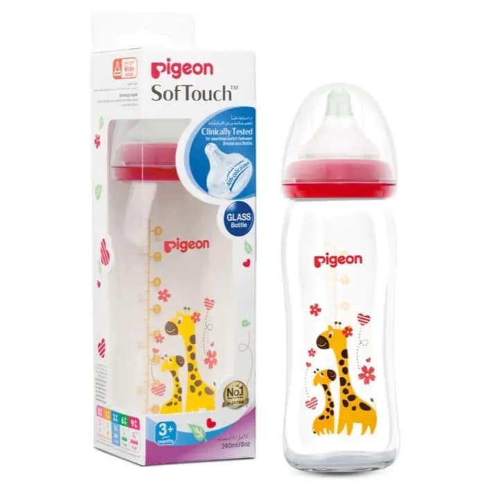 Pigeon Softouch Wide Neck Decorated Glass Bottle, 240ml