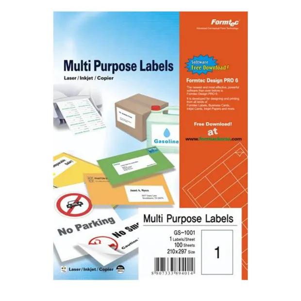 Formtec A4 Labels, 1 Lable Per Sheet - 100 Sheet Box