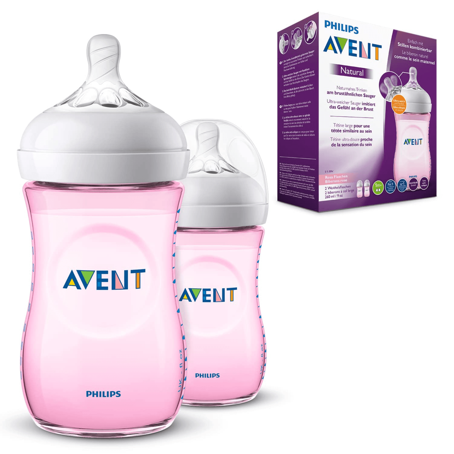 Avent Natural Feeding Bottle Pink 1m+ 2 X 260ml(Plastic) #034/27