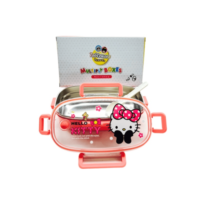 Hello Kitty Ovel Stainless Steel Lunchbox With Spoon Pink Colour - 11628