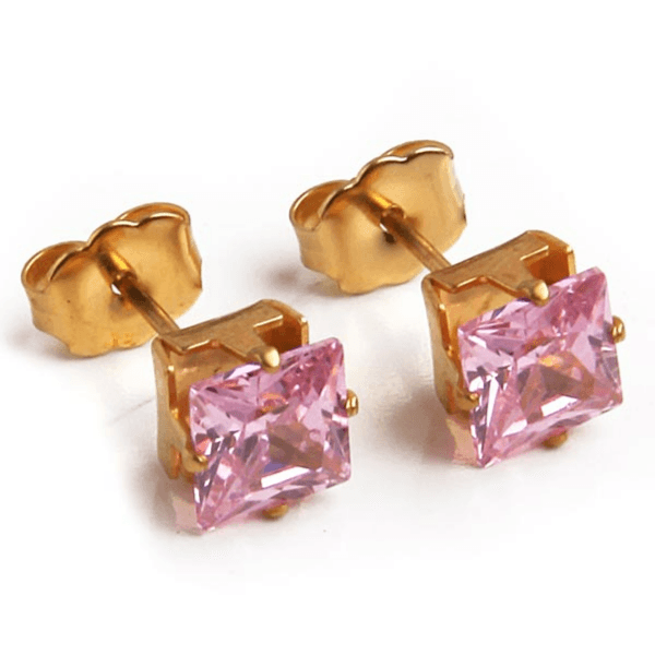 Cubic Zirconia Earrings | 4Mm Pink Square | 22K Gold Plated Stainless Steel Posts