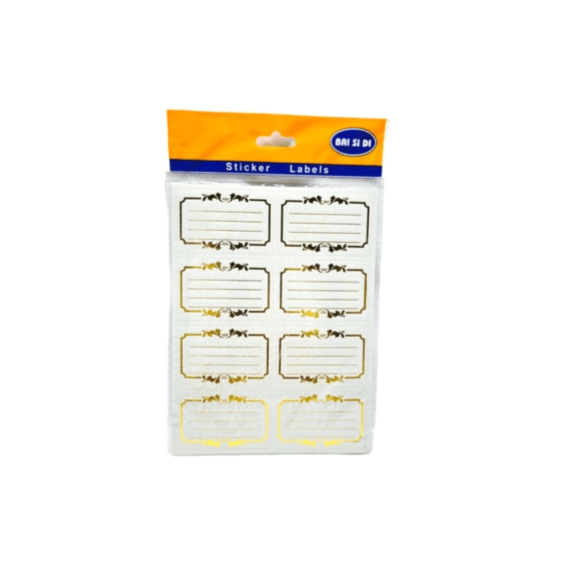 Self Adhesive Name Label Sticker 8 Sheets Total 64 Stickers Golden Border White Colour - 5904