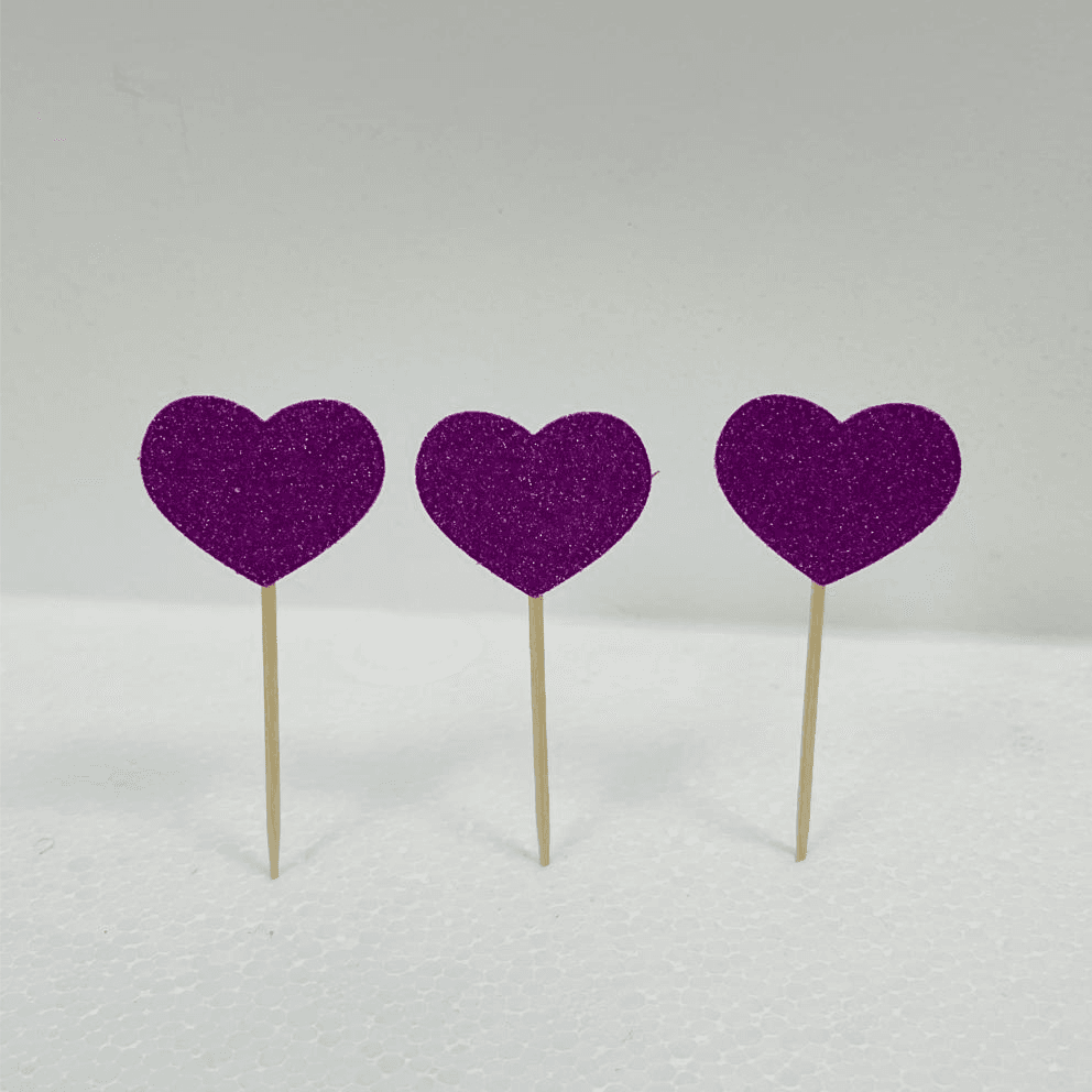 Handmade Heart Purle Glitter Cake Topper 12 Pieces