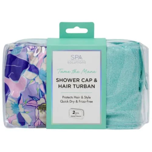 Spa Solution Shower Cap & Hair Turban Code:69256 2 Pieces + Travel Pouch