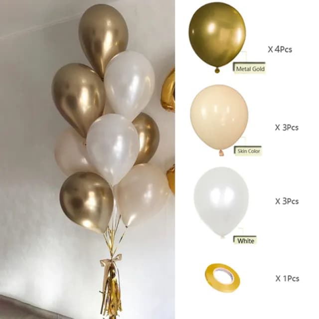 Gold, Pearl White, Beige Helium Balloons - 10 Pieces Helium Filled