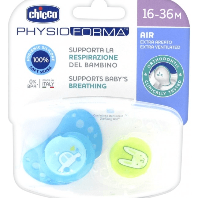 Chicco Physio Forma Air Soothers 16-36 Months Blue Car And Green Rabbit 2 Pcs