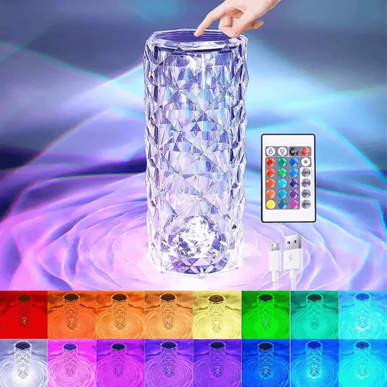 Crystal Table Lamp, RGB Touch Lamp 16 Colors Changing Rose Romantic Night Light with Remote Control USB Rechargeable Beside Mood Light for Bedroom, Living Room, Wedding, Party and Date Decoration