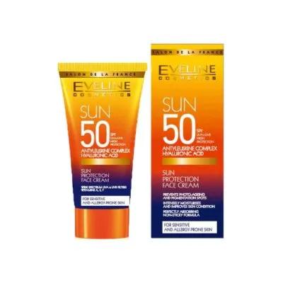 Eveline Sun Protection Face Cream With 50 SPF With Huyaluronic Acid, Vitamin E, A & F For Sensitive And Allergy prone Skin 50ml