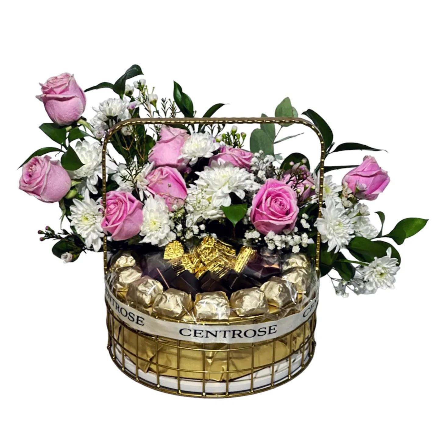 Round Hamper With Chocolate And  Flower Arrangement