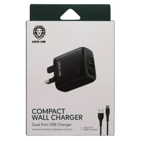 Green Lion Compact Wall Charger Dual Port Usb. 1m Usb To Type-c Cable Black