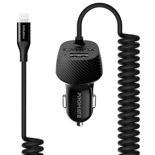 Promate 3.4a Car Charger With Lightning Coiled Cable Voltrip