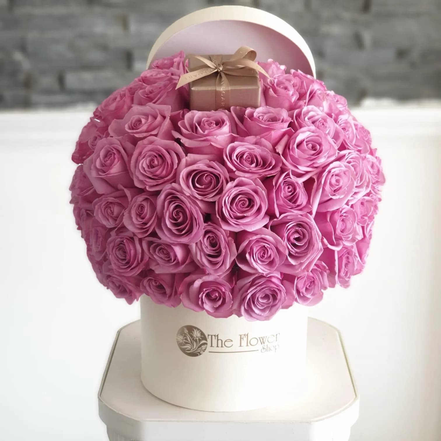 White Round Box With Purple Roses