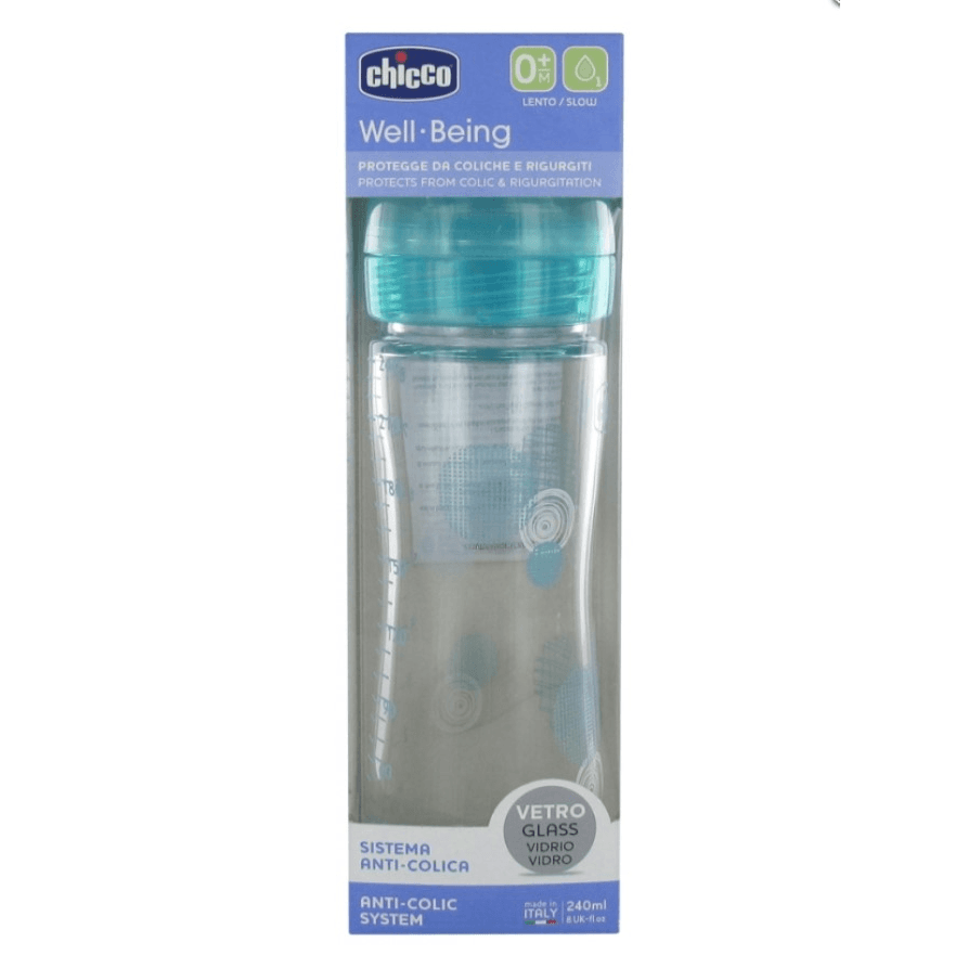 Chicco Well Being Glass Feeding Bottle 240ml 0 M+ Assorted Colour