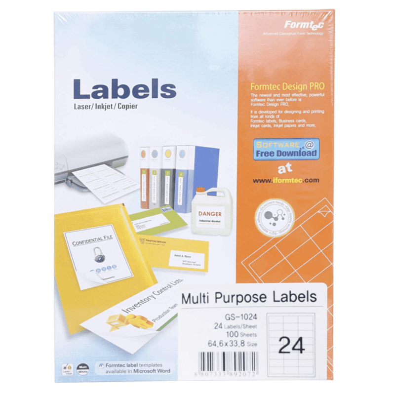 Formtec A4 Labels, 24 Labels Per Sheet 100 Sheet Box