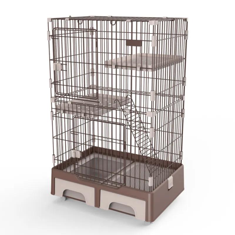 134 Cm Brown Pet 3 Level Cat Cage House With Litter Tray And Storage Box