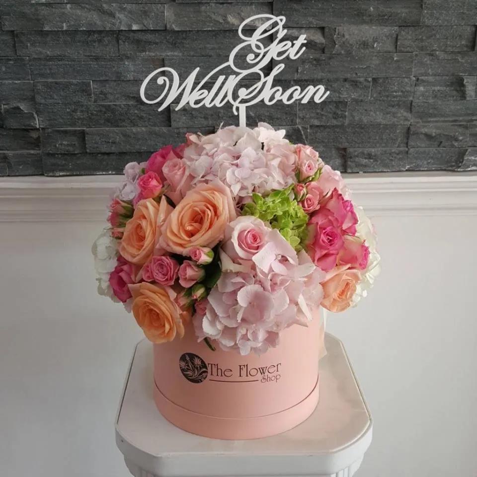 Pink Round Box With Mixed Flowers