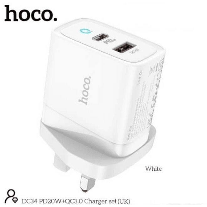 Charger Hoco Dc34 Adapter Cool Charge 20w Pd20w + 18w Qc3.0 Fast Charging