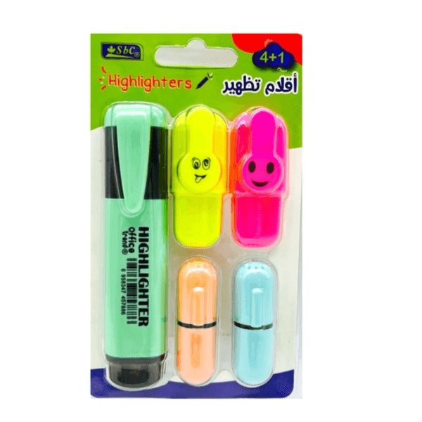 SBC 5 Pieces Highlighter Set, 4 Pieces Mini And 1 Piece Big, Green, Yellow,pink,orenge, Light Blue Colour - 11420