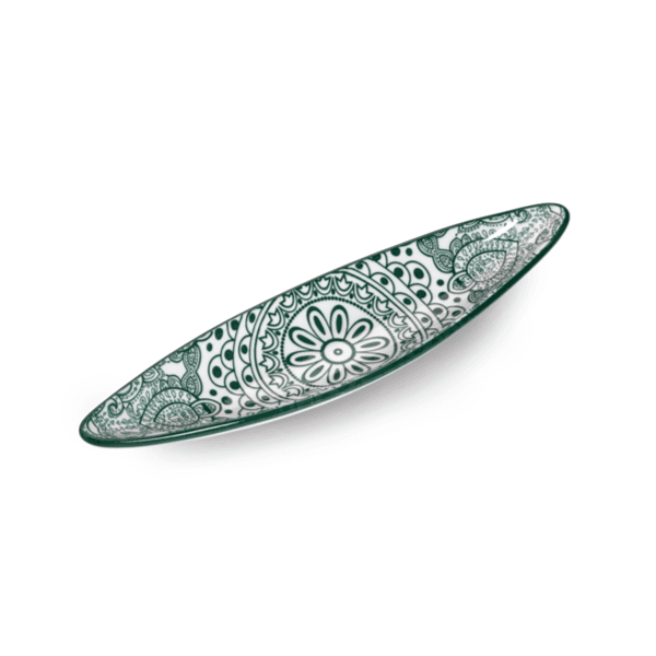 Che Brucia 9.125" Boat Shape Dish Green Arabesque/d03-071