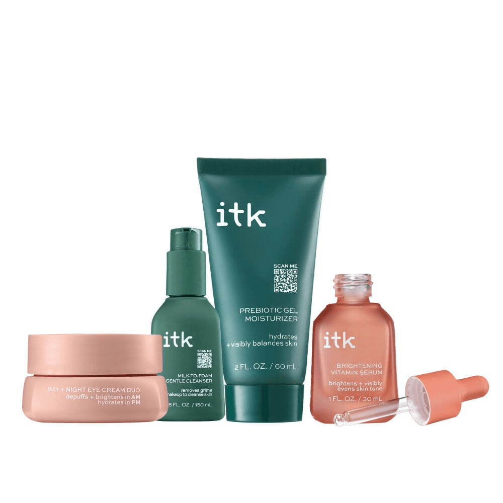 Itk 4 Pieces Bundle Set [ Brightening Vitamin Serum +  Prebiotic Gel Moisturizer + Milk-to-foam Cleanser +  Day & Night Eye Cream]