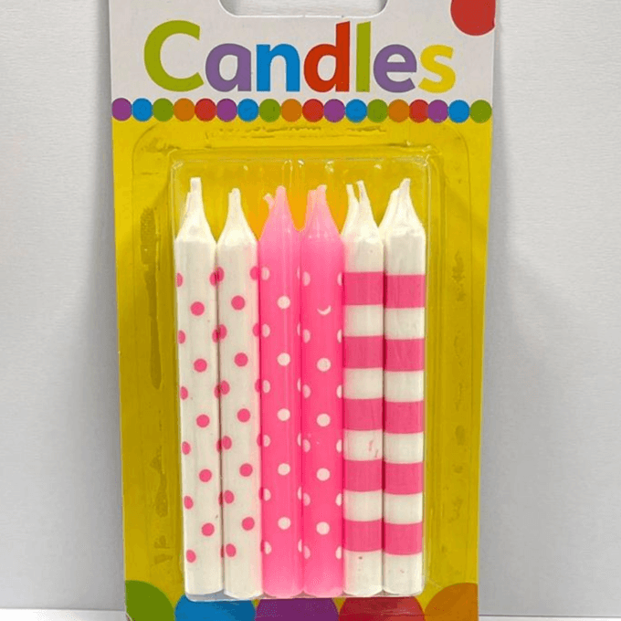 White And Pink Candle With Dots And Stripes Design