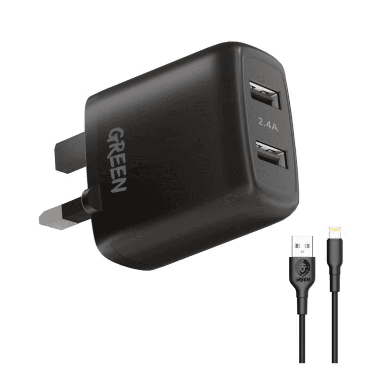 Green Lion Dual USB Port Wall Charger 12W UK with PVC Lightning Cable 1.2M, Black