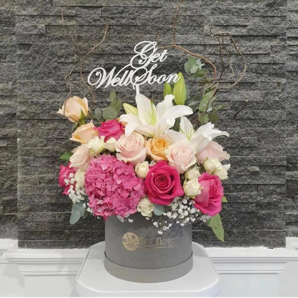 Grey Round Box With Mixed Flowers