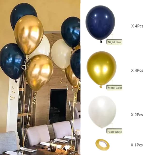 Gold, Navy Blue, Pearl White Helium Balloons - 10 Pieces Helium Filled