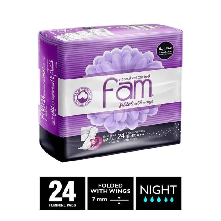 Fam Natural Cotton Feel Folded 24 Feminine Pads  Night With Wings