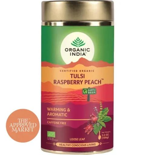 Organic India Tulsi Raspberry Peach New 100g Tin