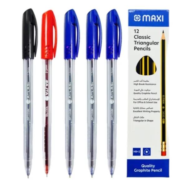 Stationery Set Of 12pcs Maxi Classic Triangular Pencil And Atlas Set Of 5ball Point Pen 3 Blue, Black And Red Colour - 2009