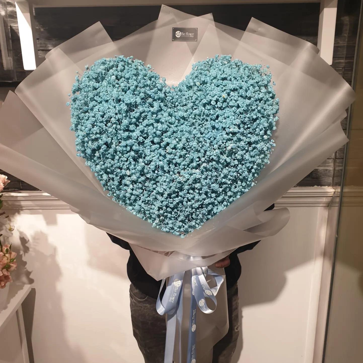 Hand Bouquet With Light Blue Heart Shape Gypsophila