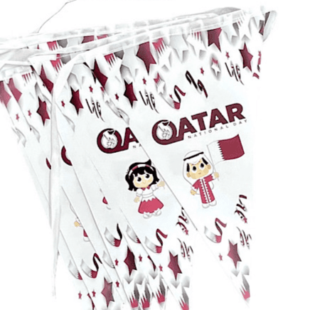 Qatar National Day Boy And Girl Design Triangular Shape Paper Flag Banner 8 Pieces 3 Meter - 9660