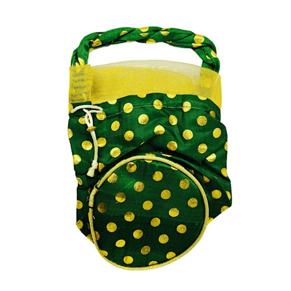 Garango Round Base Fabric Bag , Size 19cm, Green Colour With Golden Dots - 10562