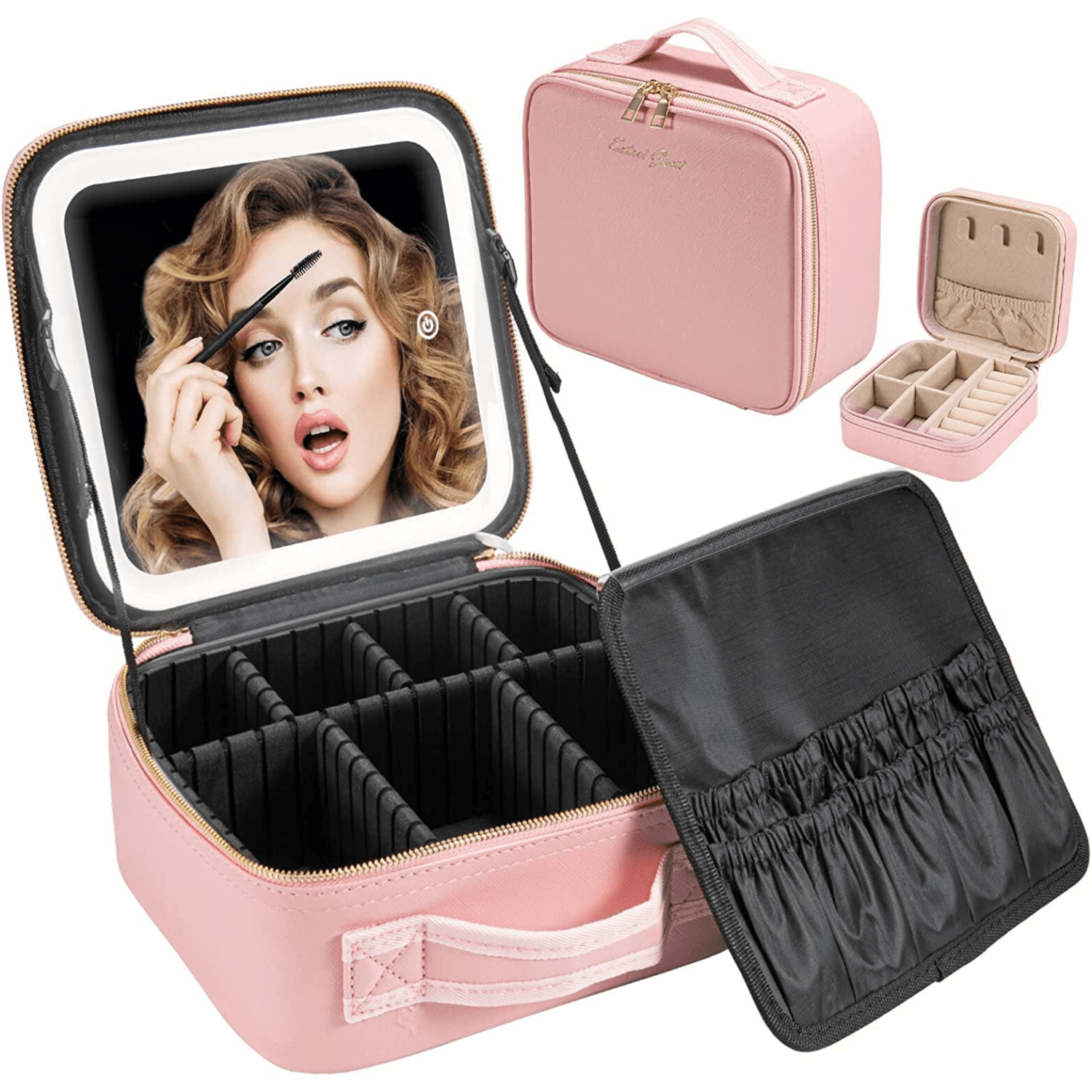 2023 New Large Capacity Desktop Cosmetic Storage Box Waterproof Leather Travel Portable Makeup Bag Case With Led Light Mirror Pink Color