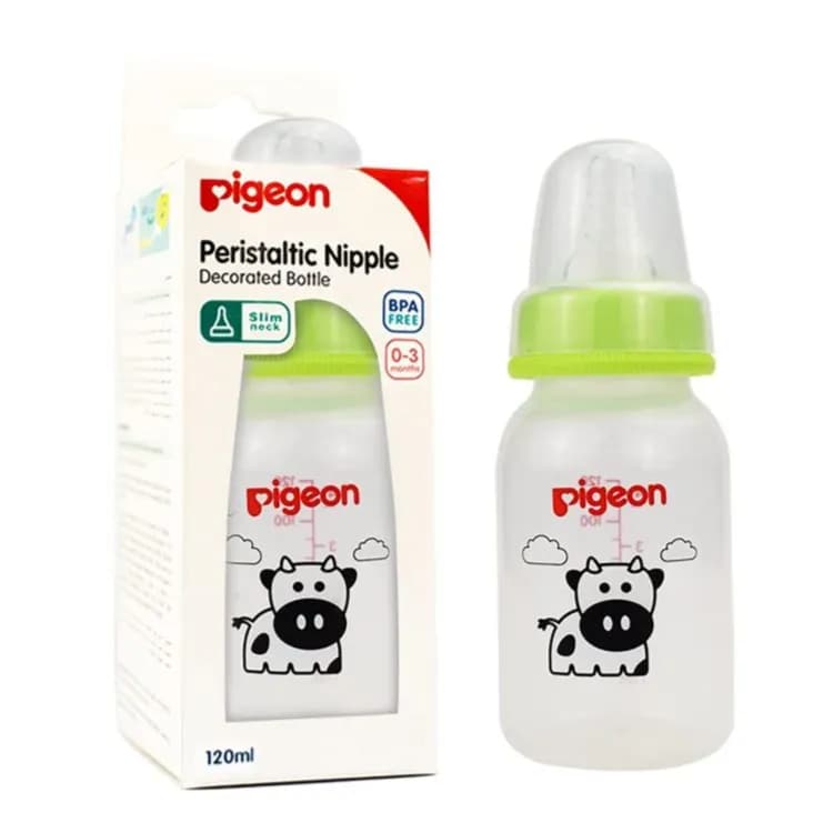 Pigeon Peristaltic Nipple Plastic Decorated Bottle S (Slow Flow)  0-3months Slim Neck 120ml Code: PA00415